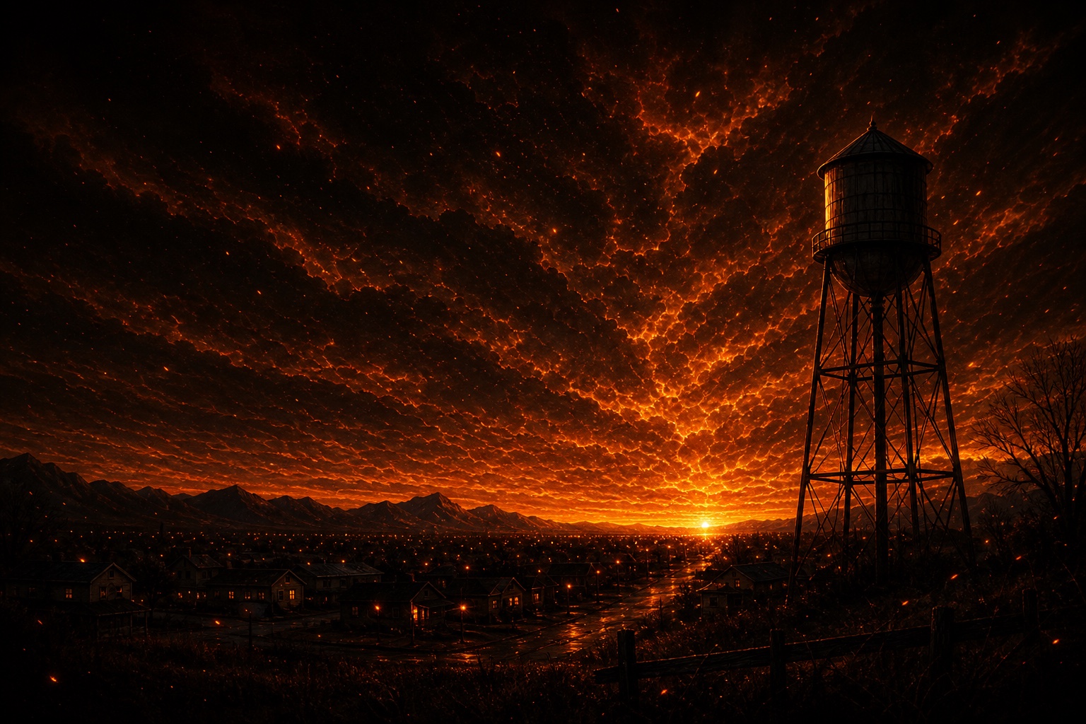 Blue Point Texas water tower under an orange sky