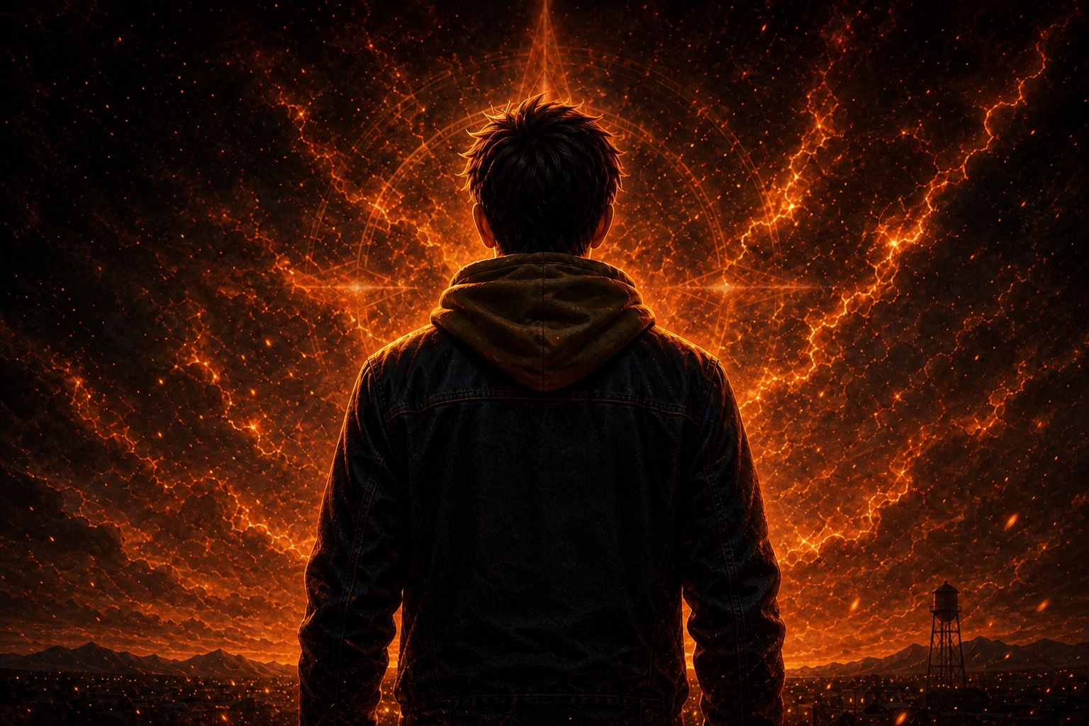 A young protector facing a cosmic sky