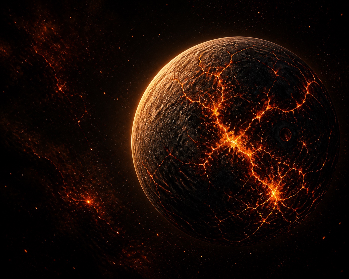 A dark cracked planet glowing with orange light