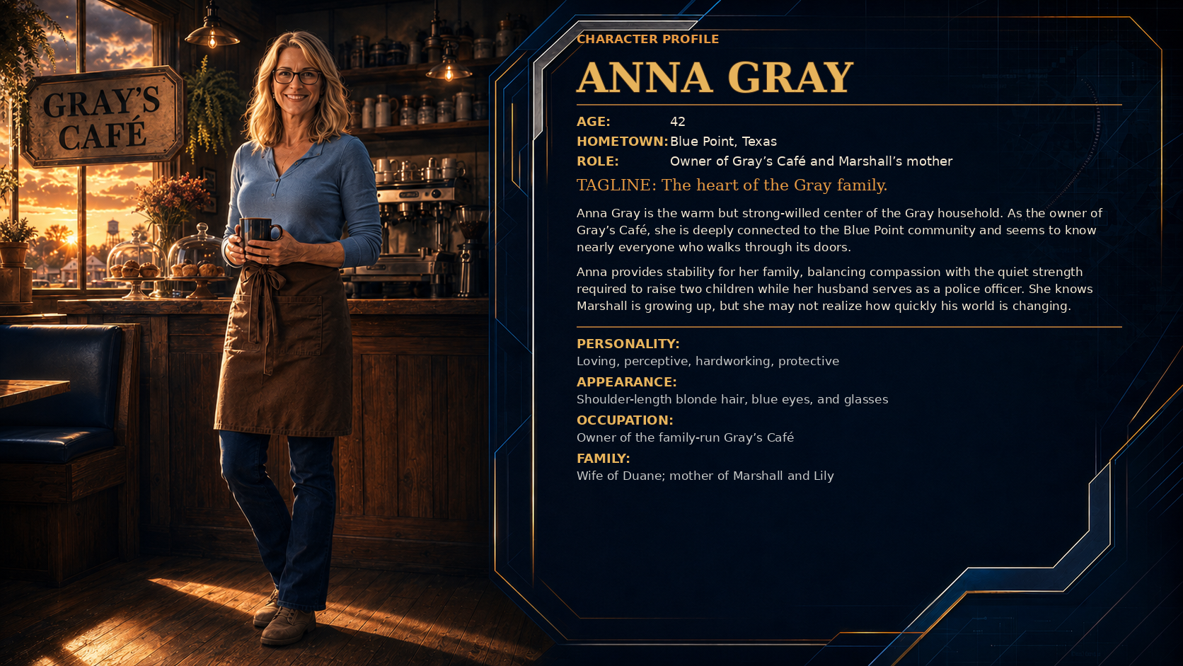 Character profile for Anna Gray, Marshall's mother and owner of Gray's Cafe