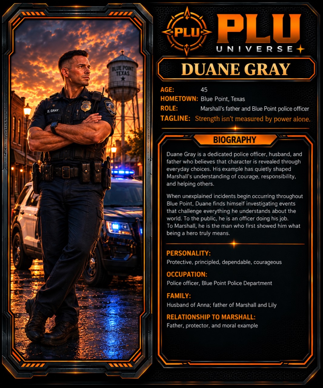 Character profile for Duane Gray, Marshall's father and a Blue Point police officer