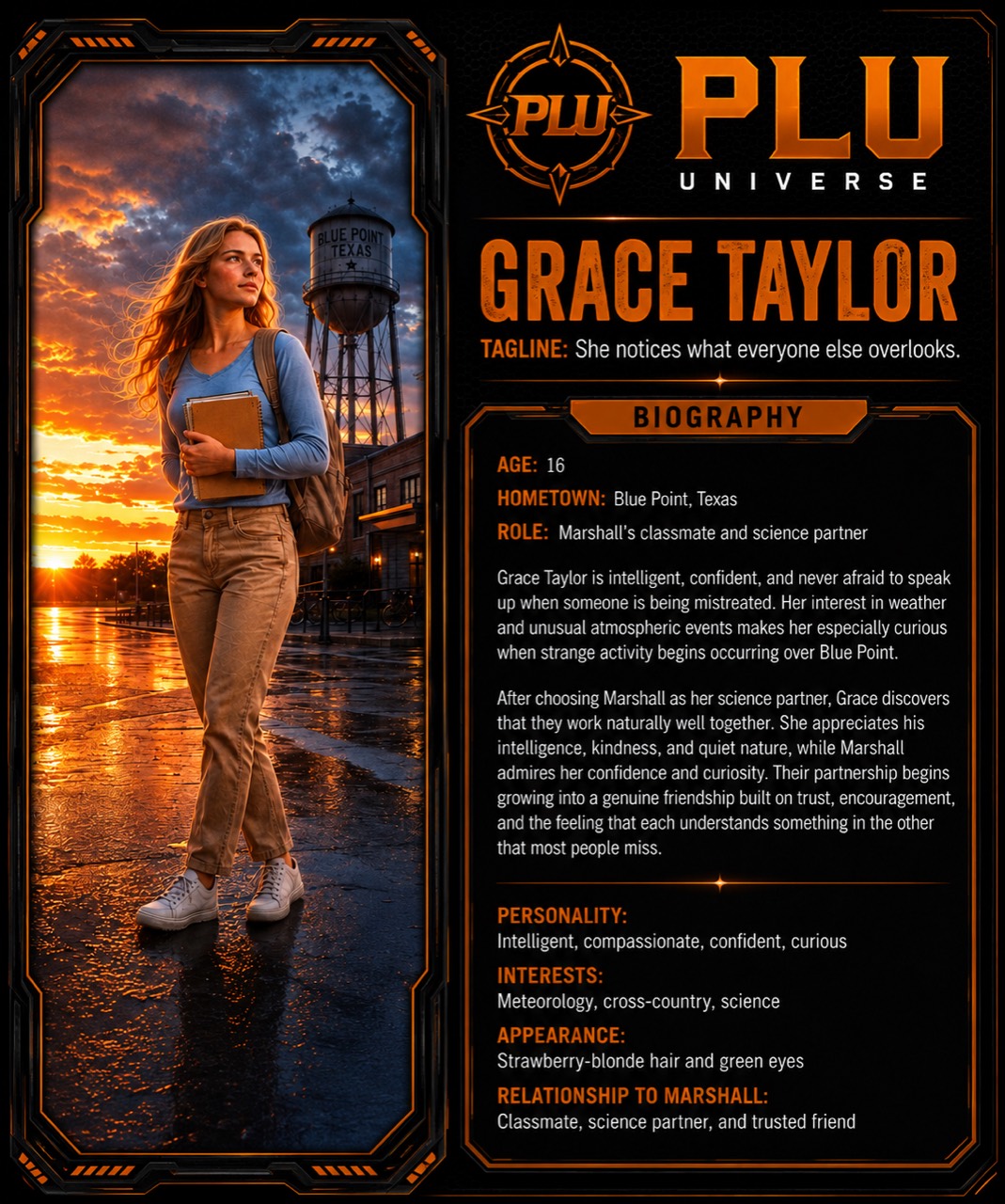 Character profile for Grace Taylor, Marshall's classmate and science partner