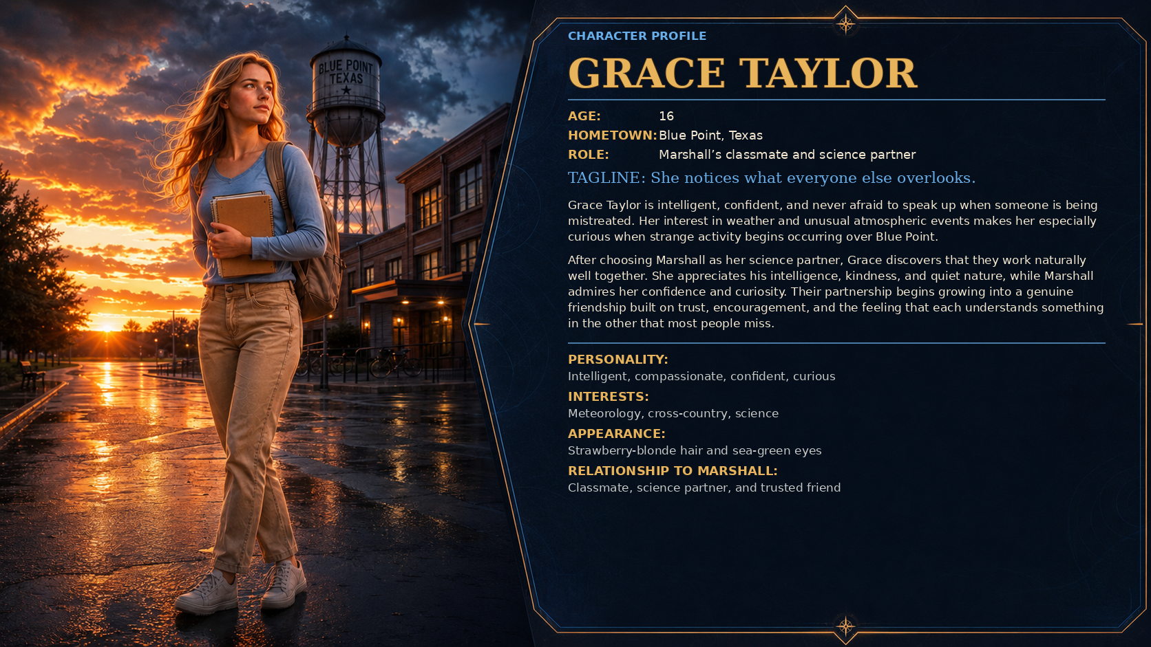 Character profile for Grace Taylor, Marshall's classmate and science partner