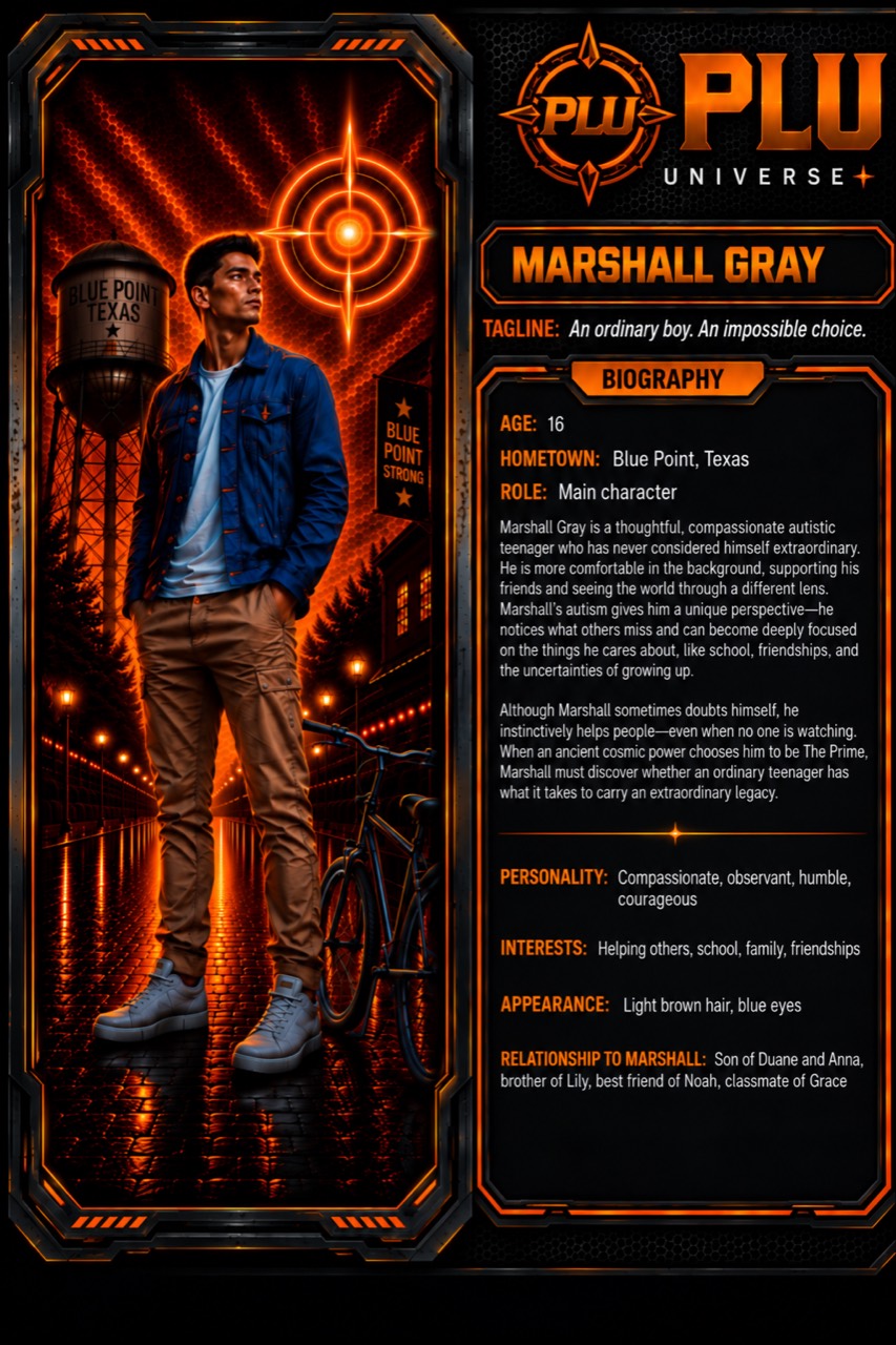 Character profile for Marshall Gray, a sixteen-year-old from Blue Point, Texas