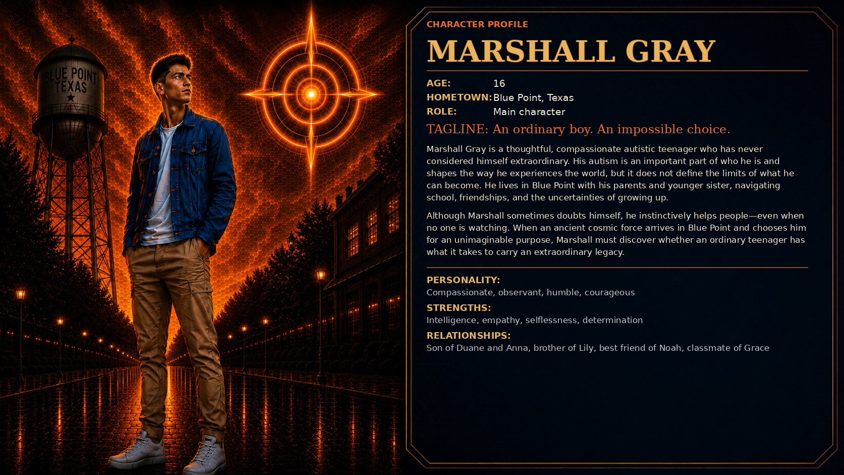 Character profile for Marshall Gray, a sixteen-year-old from Blue Point, Texas