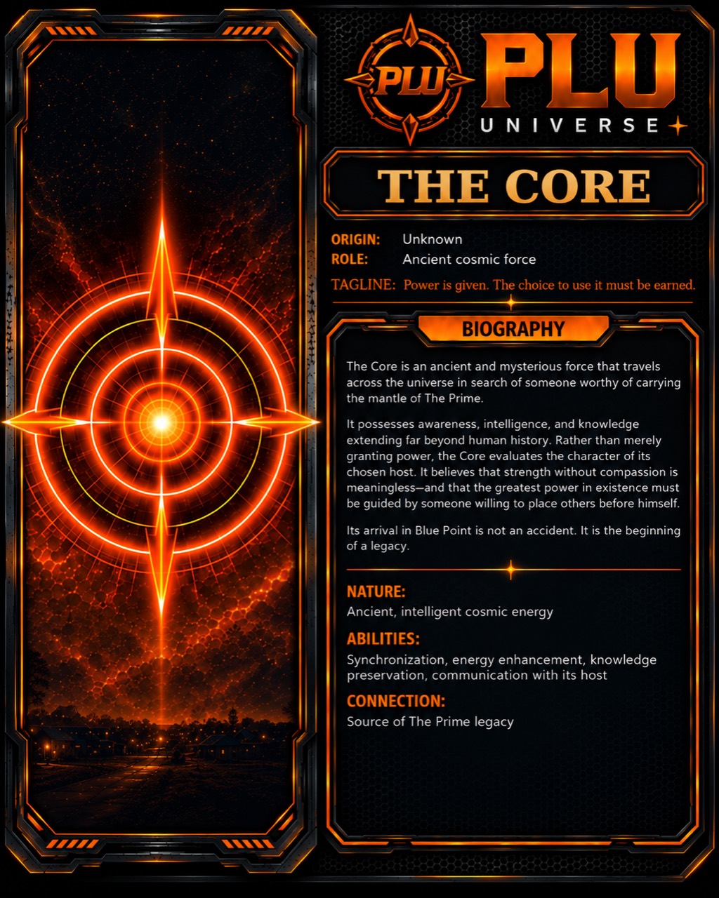 Character profile for The Core, an ancient intelligent cosmic energy