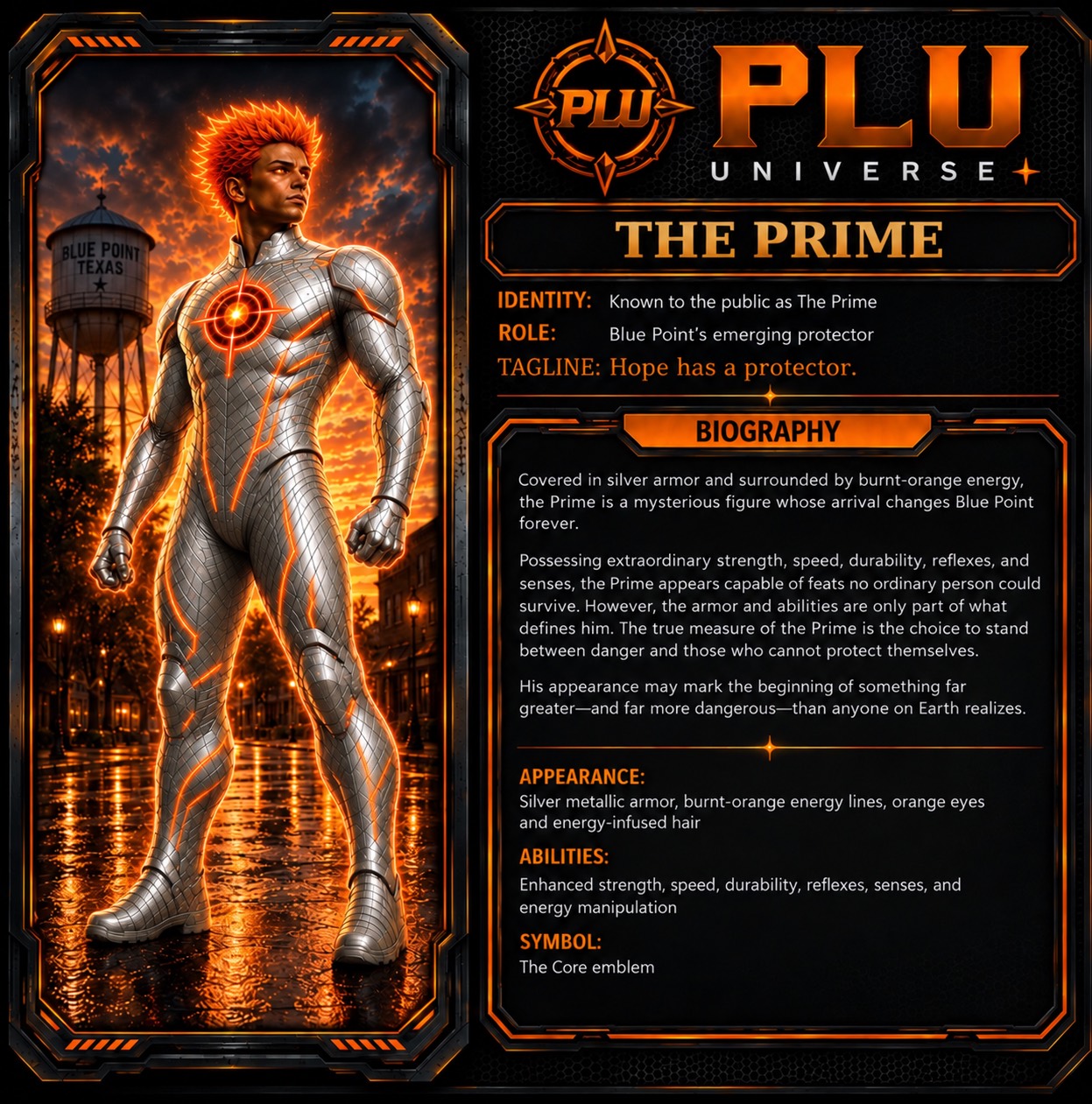 Character profile for The Prime in silver armor charged with burnt-orange energy