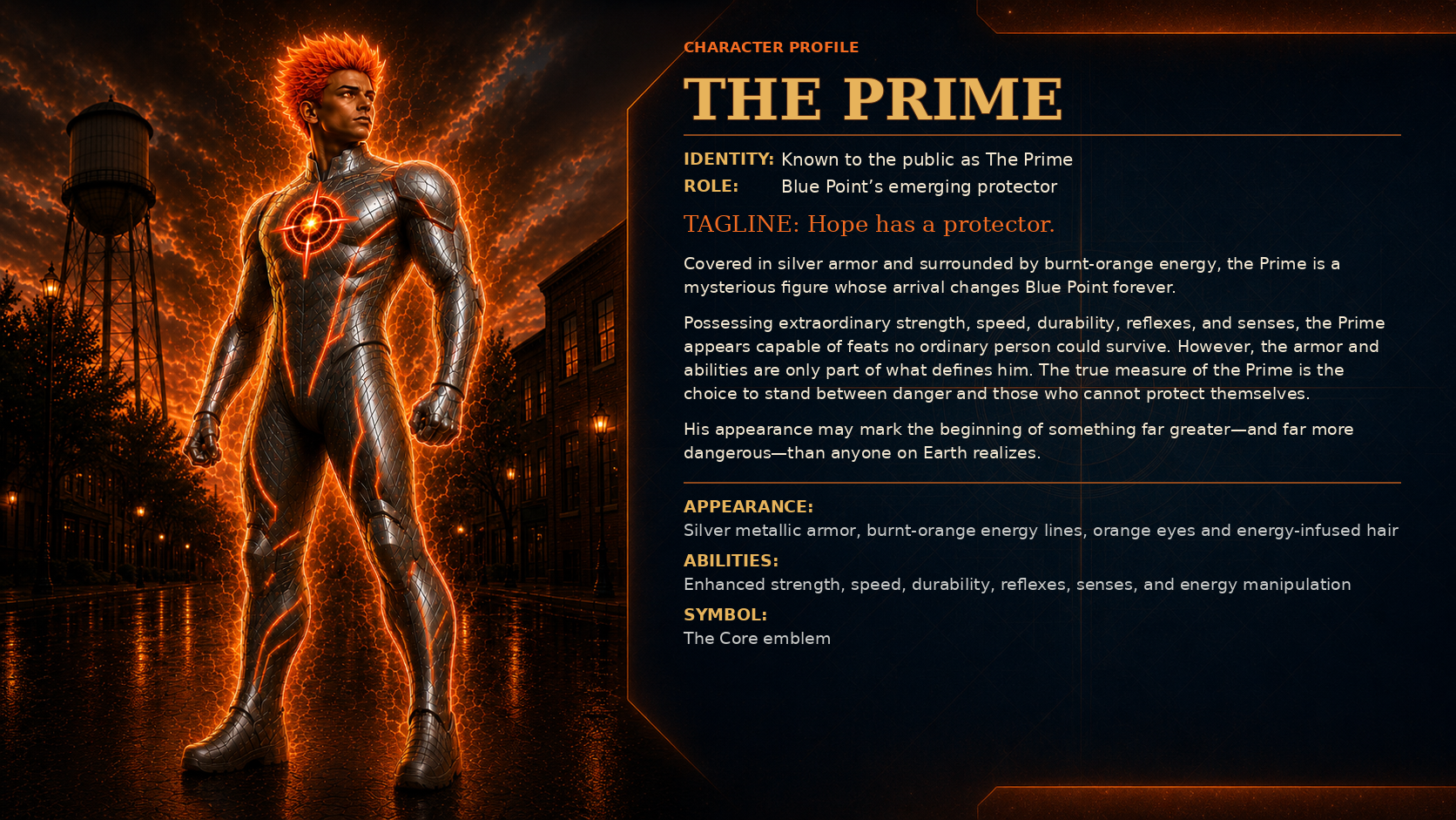 Character profile for The Prime in silver armor charged with burnt-orange energy